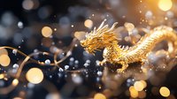 Golden dragon figurine with sparkling particles and bokeh lights on dark surface, suitable for luxury, fantasy, and decorative design projects.