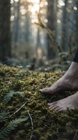 Barefoot person walking on moss-covered forest floor with sunlight filtering through trees creating magical bokeh atmosphere for mindfulness and nature connection.