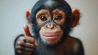 Young chimpanzee giving thumbs up gesture with expressive eyes and friendly smile for wildlife education and positive messaging campaigns.