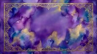 Purple and gold watercolor texture with ornate decorative border frame, suitable for backgrounds, invitations, book covers, and mystical design projects.