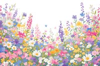 Colorful wildflower meadow with daisies, lupines, and mixed spring blooms in watercolor style against white background, creating fresh floral border design.