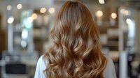 Woman with long wavy honey blonde hair from behind in salon with blurred bokeh background, showcasing professional hairstyling result.