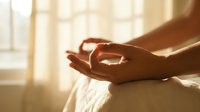 Woman practicing meditation with mudra hand gesture in warm sunlight streaming through window creating peaceful mindfulness moment for wellness and relaxation.
