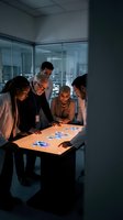 Diverse business team collaborating around interactive table in modern office environment with glass walls and contemporary lighting for teamwork projects.