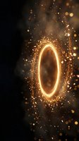 Glowing golden oval portal with sparkling particles and bokeh lights on dark background for fantasy and sci-fi projects.