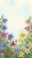 Watercolor columbine flowers border in purple, blue, yellow, and pink with green leaves on a soft pastel background with copy space.