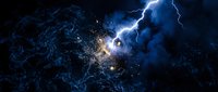 Dramatic lightning strike illuminates turbulent storm clouds with electric energy and sparks against dark blue atmospheric sky for weather concepts.