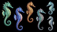 Colorful seahorse collection featuring five detailed marine creatures in green, blue, brown, and teal tones, isolated on transparent background ready for t-shirt designs, clipart, stickers, and print-on-demand products.