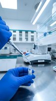 Scientist in blue latex gloves pipetting liquid sample in modern laboratory with equipment and bright lighting for research and analysis.