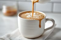 Pouring caramel sauce into white ceramic mug filled with frothy coffee drink on bright kitchen counter with subway tile background.