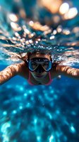 Young woman snorkeling underwater with diving mask in crystal clear blue water with sunlight rays and bubbles creating magical aquatic adventure scene.