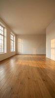 Empty room interior with warm sunlight streaming through large windows onto hardwood floors creating natural shadows and cozy atmosphere for home design.