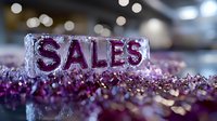 Glittering purple crystal formation spells out SALES text against blurred bokeh background, creating luxurious retail marketing composition for business promotion.