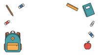Teal backpack with school supplies including pen, eraser, ruler, notebook, paperclip and apple on white background. Isolated clipart for educational design, t-shirts and stationery projects.