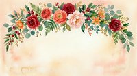 Vintage floral arrangement with red, pink, and orange roses, greenery, and ferns on aged cream background with watercolor texture for wedding invitations and greeting cards.