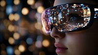 Young woman wearing reflective sunglasses with city lights and bokeh reflections creating futuristic urban nightlife atmosphere. Modern lifestyle and fashion concept.