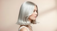 Woman with sleek silver bob haircut and smooth straight hair against neutral beige background. Suitable for beauty, hair care, salon, and cosmetics marketing materials.