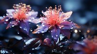 Delicate pink cherry blossoms with water droplets glowing in moonlight against dark blue background, creating magical spring atmosphere with bokeh effect.