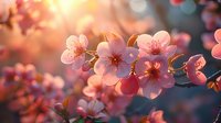 Delicate pink cherry blossoms illuminated by warm sunset light create dreamy spring atmosphere with soft bokeh background and gentle natural glow.