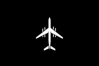 White airplane silhouette icon on black background for travel and aviation design projects.