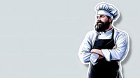 Confident male chef with beard wearing white uniform and black apron, arms crossed in professional stance. Isolated illustration on light background for restaurant branding.