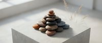 Zen stone pyramid arrangement on white surface with natural lighting and dried grass elements creating peaceful meditation atmosphere for wellness design.