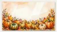 Autumn pumpkin border with orange and white gourds, fall leaves and berries on watercolor background for seasonal greeting cards and harvest decorations.