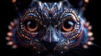 Mysterious glowing cat face in dark background with intricate dotted pattern and luminous orange eyes creating magical feline portrait effect.