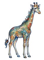 Ornately patterned giraffe with decorative mandala motifs in warm earth tones, isolated on white background. Suitable for textile design and wall art.