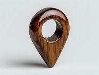 Wooden location pin marker carved from natural wood with visible grain texture and hole in center, isolated on light background for design projects.