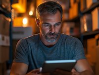 Mature Caucasian man with gray hair and beard looking at digital tablet screen in dark room illuminated by warm ambient lighting and screen glow, wearing casual t-shirt.