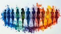 Female silhouettes in rainbow colors walking forward on white background, watercolor splash effect creates dynamic motion and vibrant gradient transition.