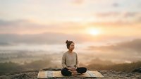 Woman in casual beige sweater meditating on mat overlooking misty valley at sunrise, mindfulness and wellness lifestyle content.