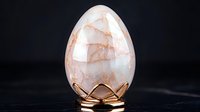 Luxurious marble-textured decorative egg on golden metal stand against dark background. Natural veining pattern creates elegant Easter or home decor piece.