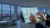 Businessman hands interacting with transparent digital tablet displaying technology icons in modern office with city skyline view for business solutions.