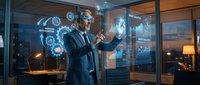 Professional businessman in suit interacting with futuristic holographic interface displaying data analytics and digital technology in modern office.