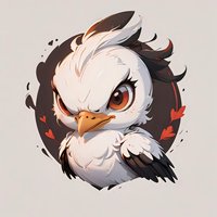 Cute cartoon eagle chick character with big orange eyes and fluffy white feathers against dark circular background with autumn leaves, stylized anime design.