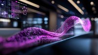 Glowing purple particle wave with digital code in background creates futuristic technology visualization effect for modern tech and data concepts.