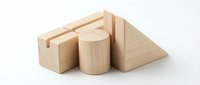 Wooden geometric shapes including cube, cylinder, and pyramid on white background, isolated for design and educational use.