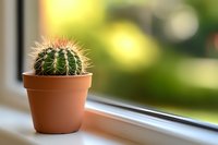 Small barrel cactus with pink spines in terracotta pot on windowsill against soft blurred green background, natural light creates cozy home atmosphere.