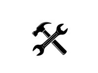 Crossed hammer and wrench tools icon in black silhouette style isolated on white background for repair service logos and maintenance business designs.