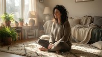 Relaxed woman with long dark hair sitting cross-legged on floor in cozy bedroom with natural light, plants, and comfortable furnishings for lifestyle and wellness content.