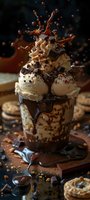 Decadent chocolate milkshake topped with vanilla ice cream scoops, whipped cream, chocolate chunks and sauce splash captured in dark moody setting.