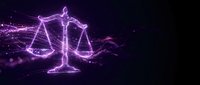 Digital justice scales made of glowing purple particles and light trails on dark background for legal technology and law firm presentations.