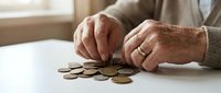 Senior man counting coins on white table, financial planning and savings concept for retirement, budgeting, and money management.
