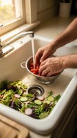 Adult male with medium skin tone washing fresh tomatoes in a colander under running water at a kitchen sink, with mixed salad greens and sliced vegetables below, preparing healthy meal ingredients.