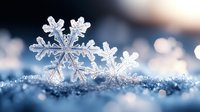 Delicate snowflake crystal with intricate details on frosty surface captured in macro photography. Soft blue winter background with natural bokeh creates dreamy atmosphere.