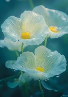 White poppies with yellow centers covered in morning dew drops against turquoise background, creating dreamy natural macro photography effect for wall art.
