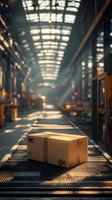 Cardboard box on conveyor belt in sunlit industrial warehouse with dramatic rays of light streaming through skylight, creating atmospheric logistics scene.