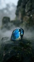 Polished labradorite gemstone with brilliant blue flash resting on moss-covered rock in natural forest setting for jewelry and crystal healing concepts.